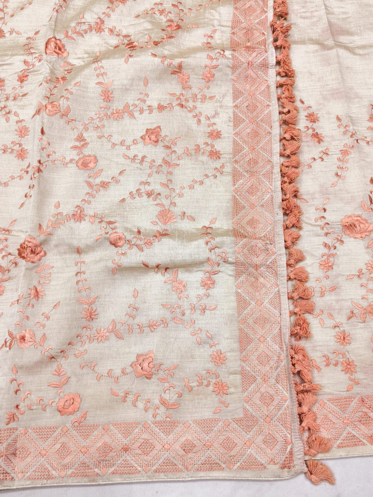 Sempiternal Beige Embroidery Work Tussar Silk Saree With Unique Blouse Piece