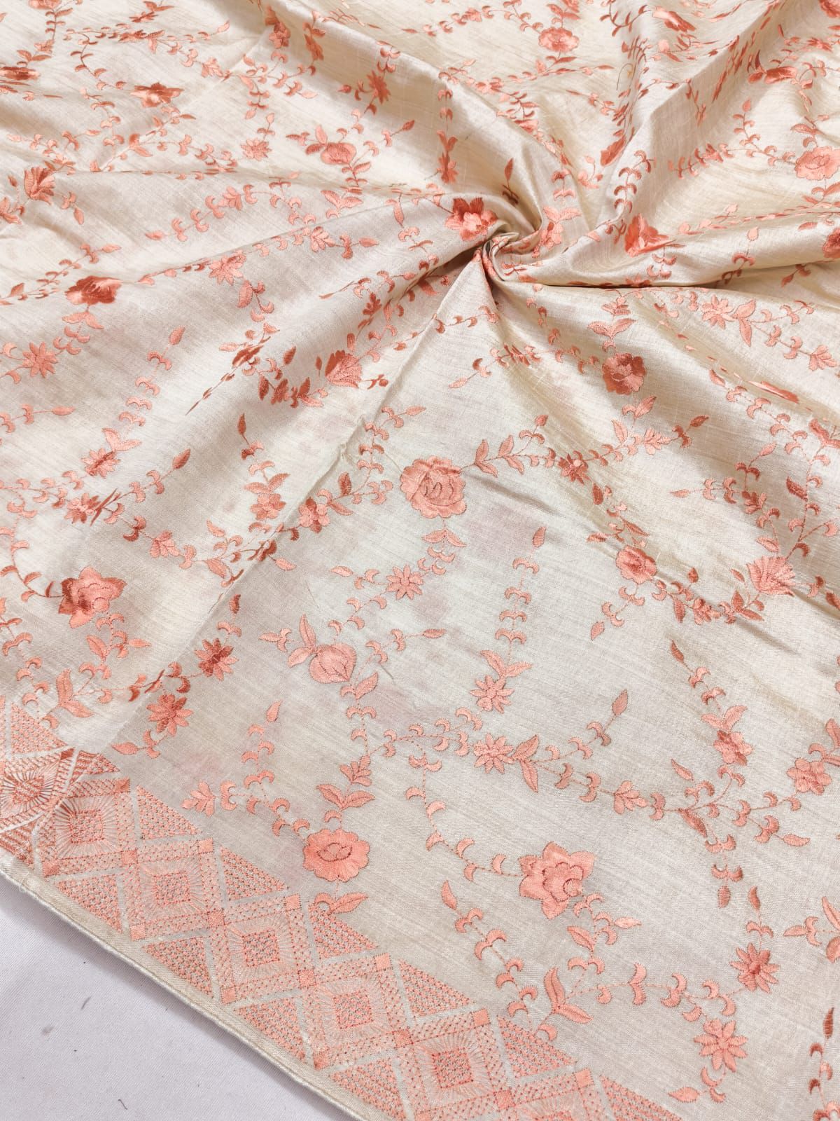 Sempiternal Beige Embroidery Work Tussar Silk Saree With Unique Blouse Piece