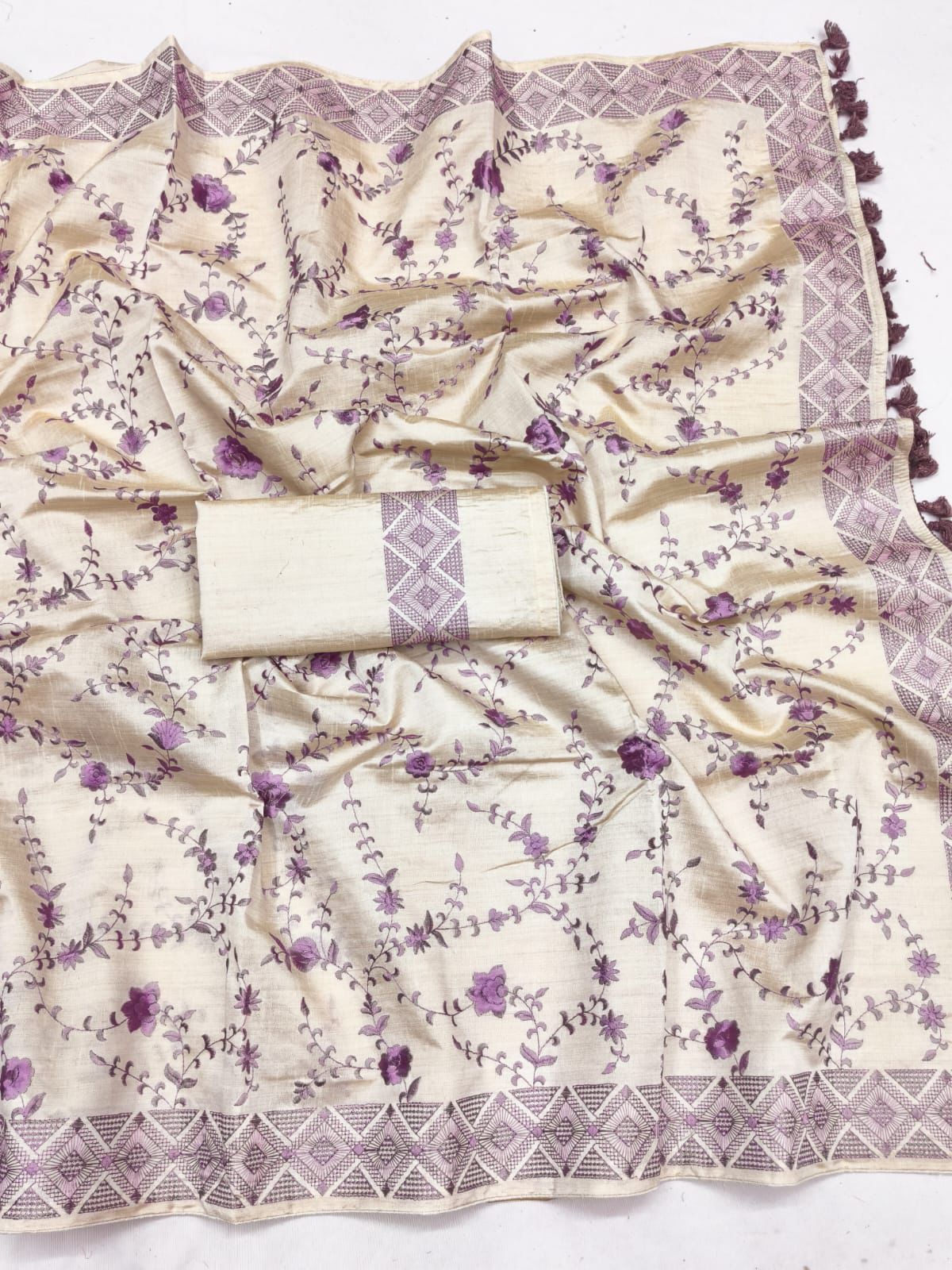Divine Beige Embroidery Work Tussar Silk Saree With Glowing Blouse Piece