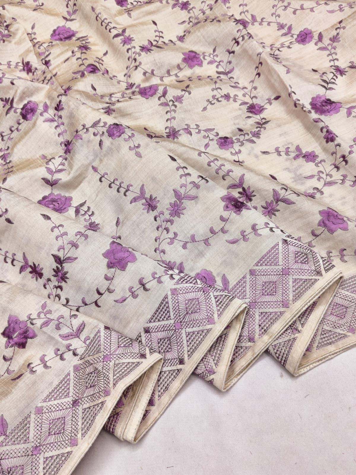 Divine Beige Embroidery Work Tussar Silk Saree With Glowing Blouse Piece