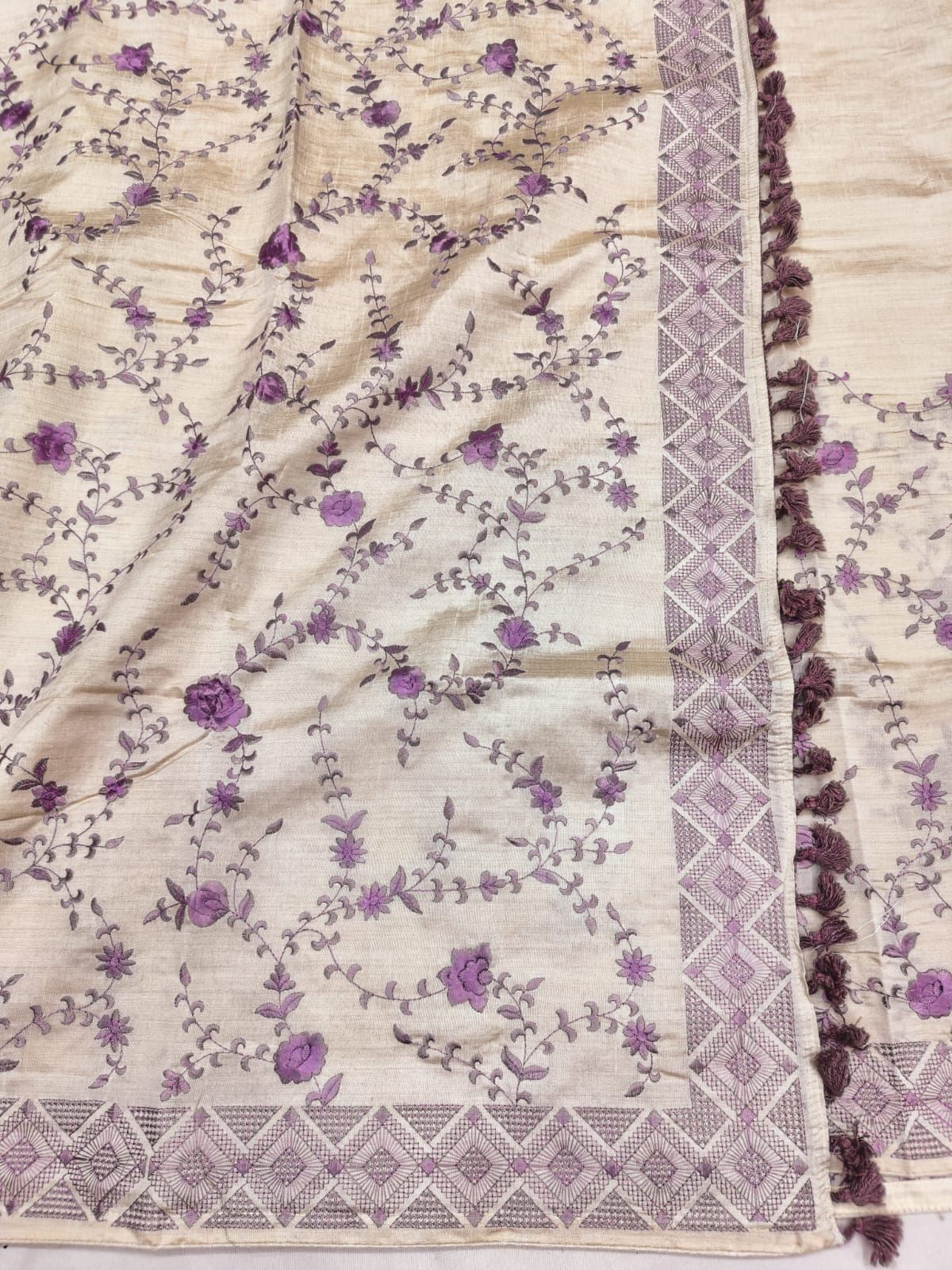 Divine Beige Embroidery Work Tussar Silk Saree With Glowing Blouse Piece