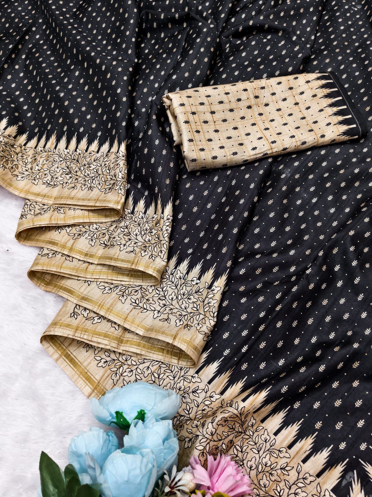 Ratatouille Black Embroidery Work Tussar Silk Saree With Smashing Blouse Piece