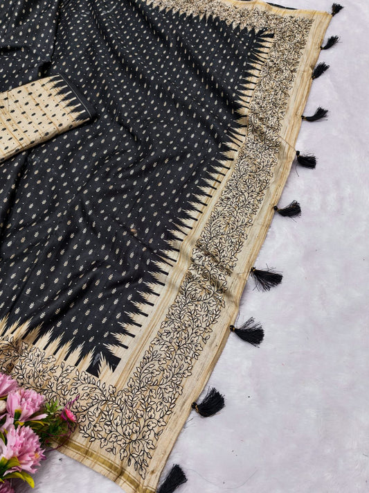 Ratatouille Black Embroidery Work Tussar Silk Saree With Smashing Blouse Piece