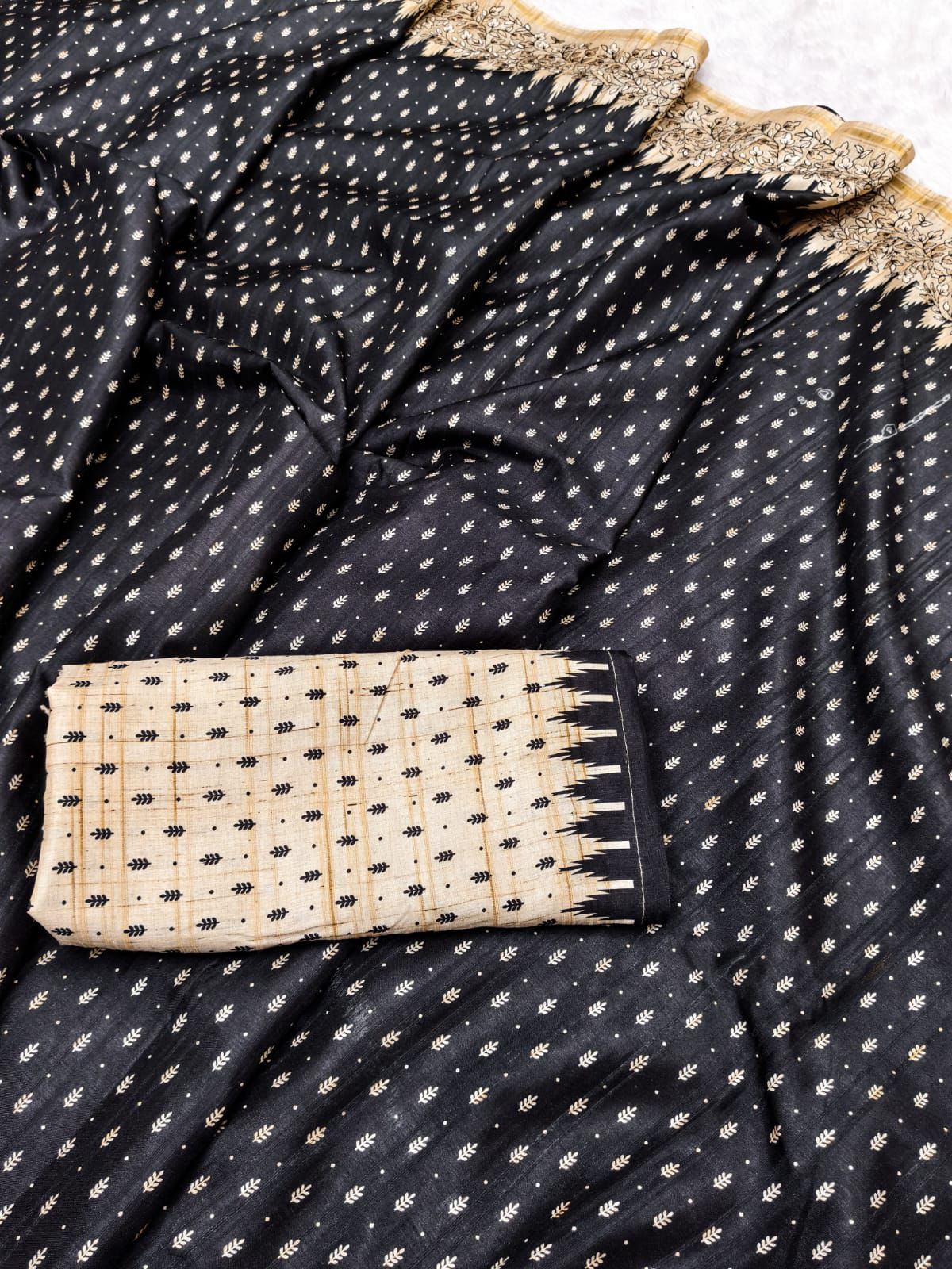 Ratatouille Black Embroidery Work Tussar Silk Saree With Smashing Blouse Piece