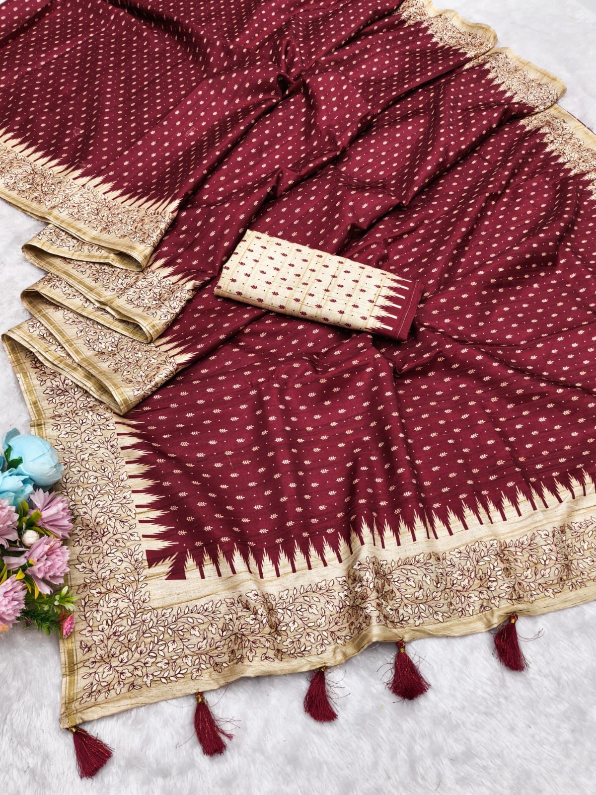 Posh Maroon Embroidery Work Tussar Silk Saree With Artistic Blouse Piece