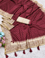 Posh Maroon Embroidery Work Tussar Silk Saree With Artistic Blouse Piece