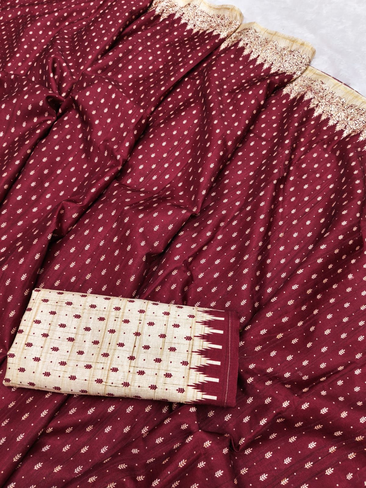 Posh Maroon Embroidery Work Tussar Silk Saree With Artistic Blouse Piece