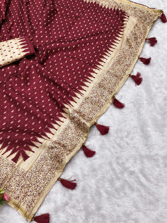 Posh Maroon Embroidery Work Tussar Silk Saree With Artistic Blouse Piece