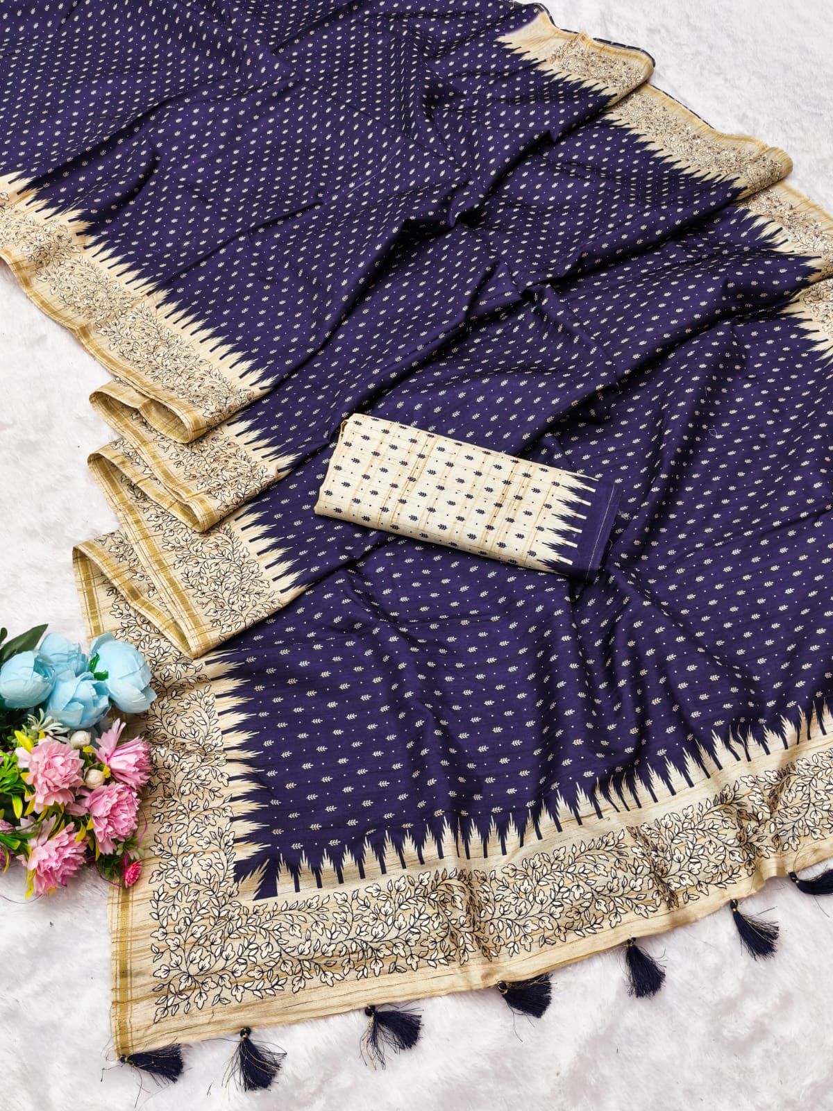 Luxuriant Navy Blue Embroidery Work Tussar Silk Saree With Ephemeral Blouse Piece