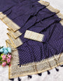 Luxuriant Navy Blue Embroidery Work Tussar Silk Saree With Ephemeral Blouse Piece