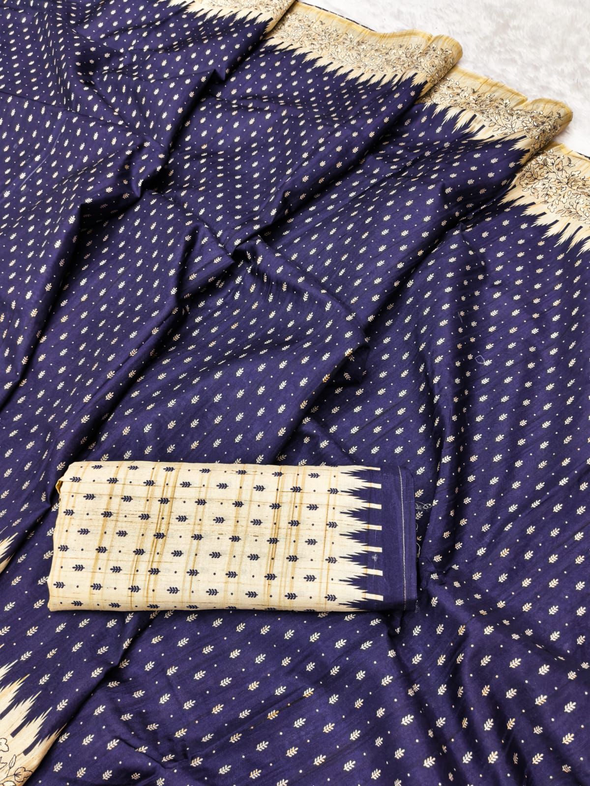 Luxuriant Navy Blue Embroidery Work Tussar Silk Saree With Ephemeral Blouse Piece