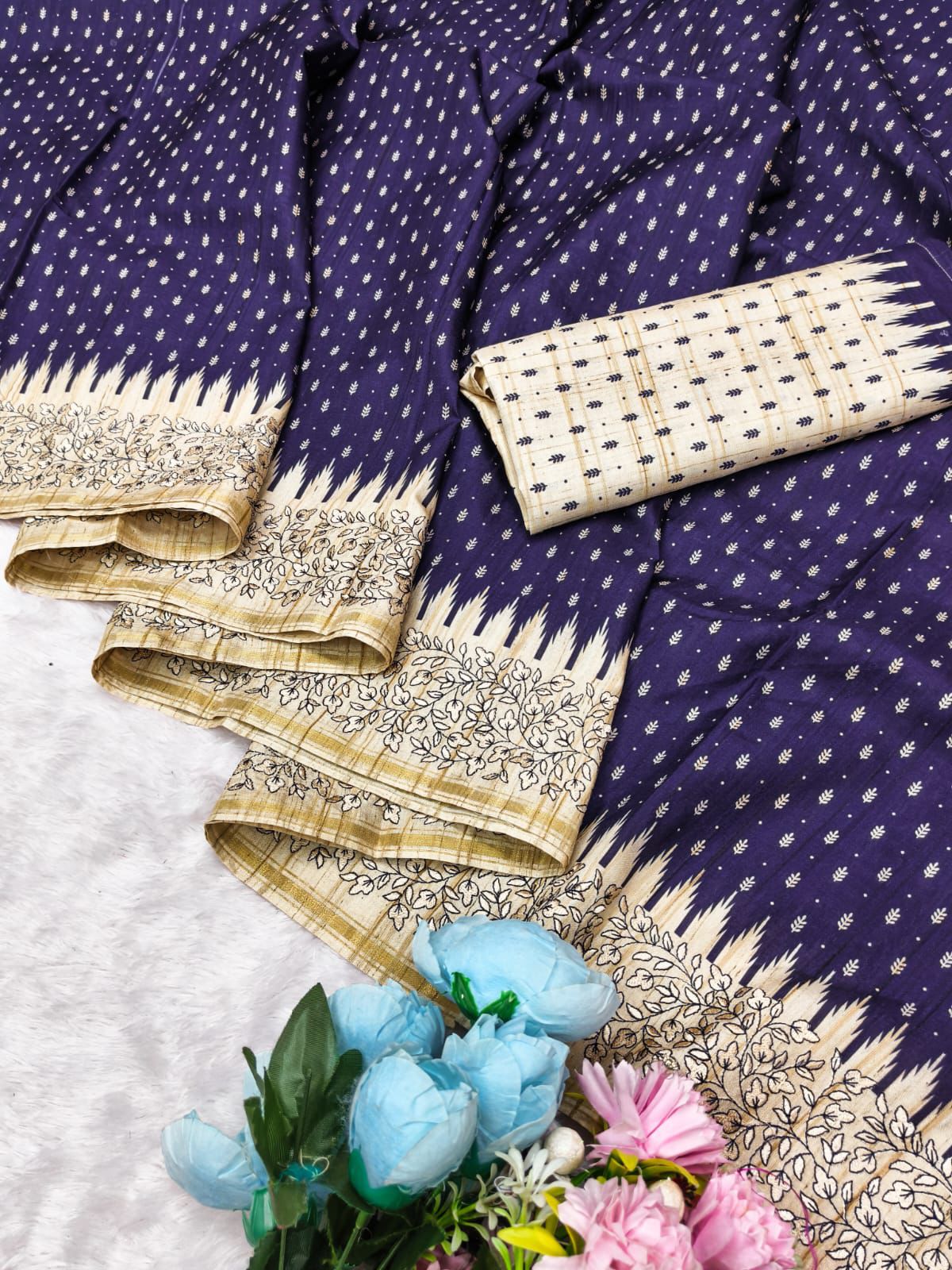 Luxuriant Navy Blue Embroidery Work Tussar Silk Saree With Ephemeral Blouse Piece