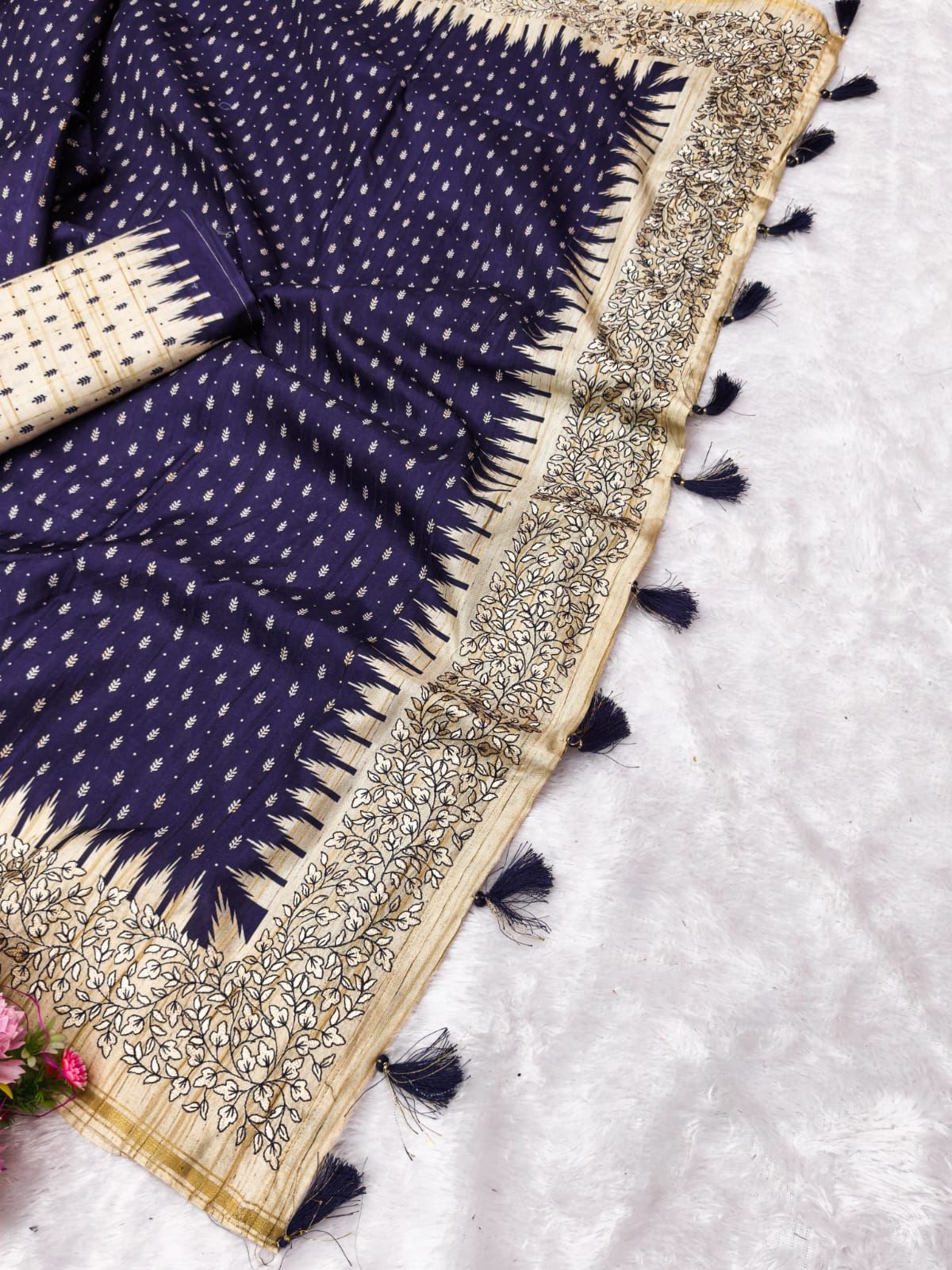 Luxuriant Navy Blue Embroidery Work Tussar Silk Saree With Ephemeral Blouse Piece