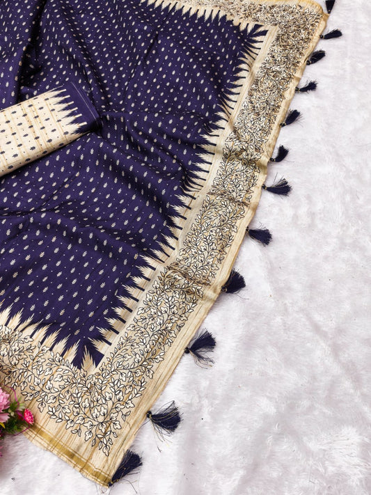 Luxuriant Navy Blue Embroidery Work Tussar Silk Saree With Ephemeral Blouse Piece