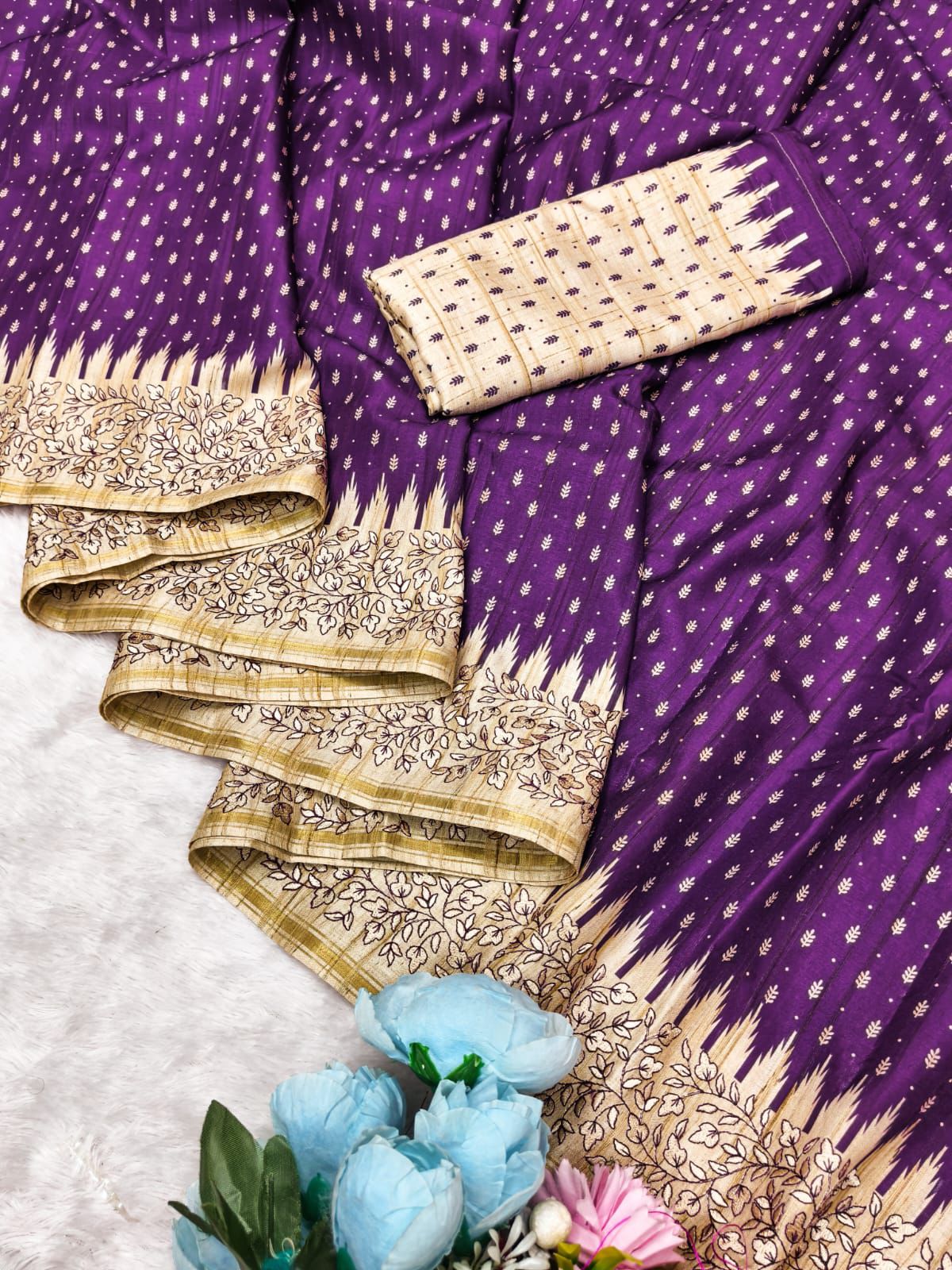 Stunning Purple Embroidery Work Tussar Silk Saree With Lissome Blouse Piece