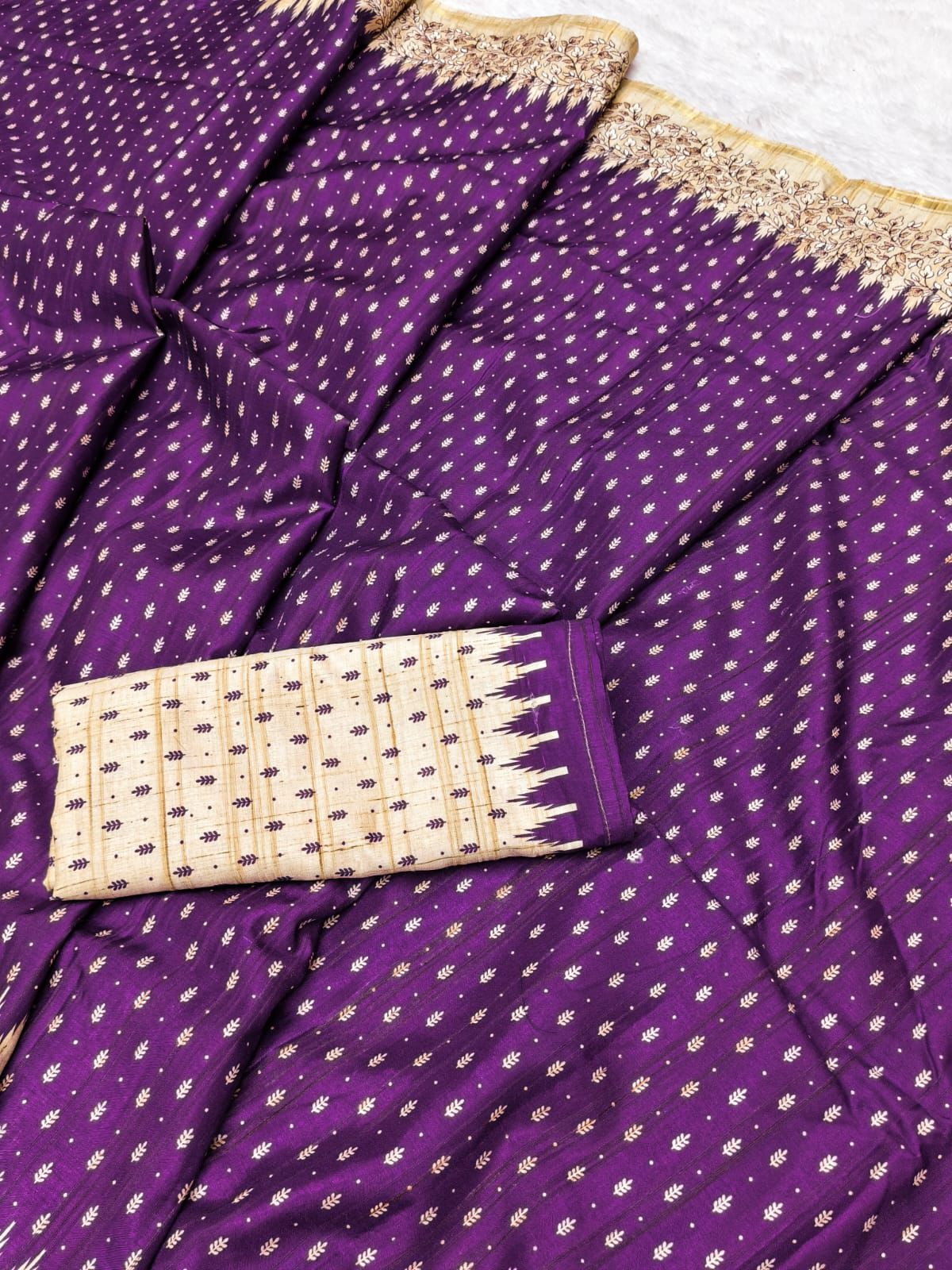 Stunning Purple Embroidery Work Tussar Silk Saree With Lissome Blouse Piece