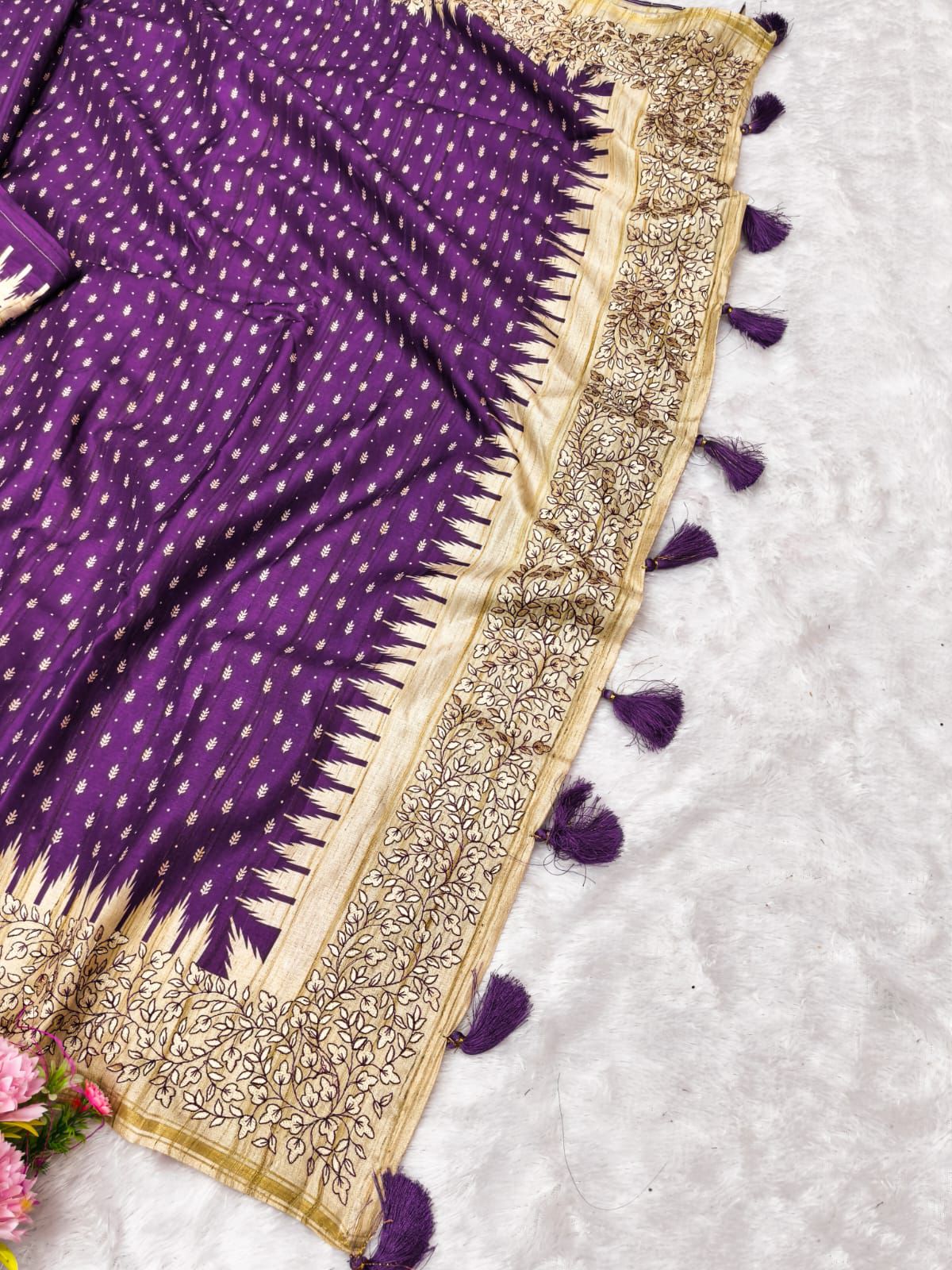 Stunning Purple Embroidery Work Tussar Silk Saree With Lissome Blouse Piece