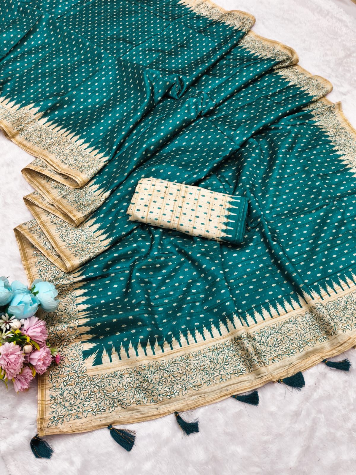 Excellent Rama Embroidery Work Tussar Silk Saree With Scrumptious Blouse Piece