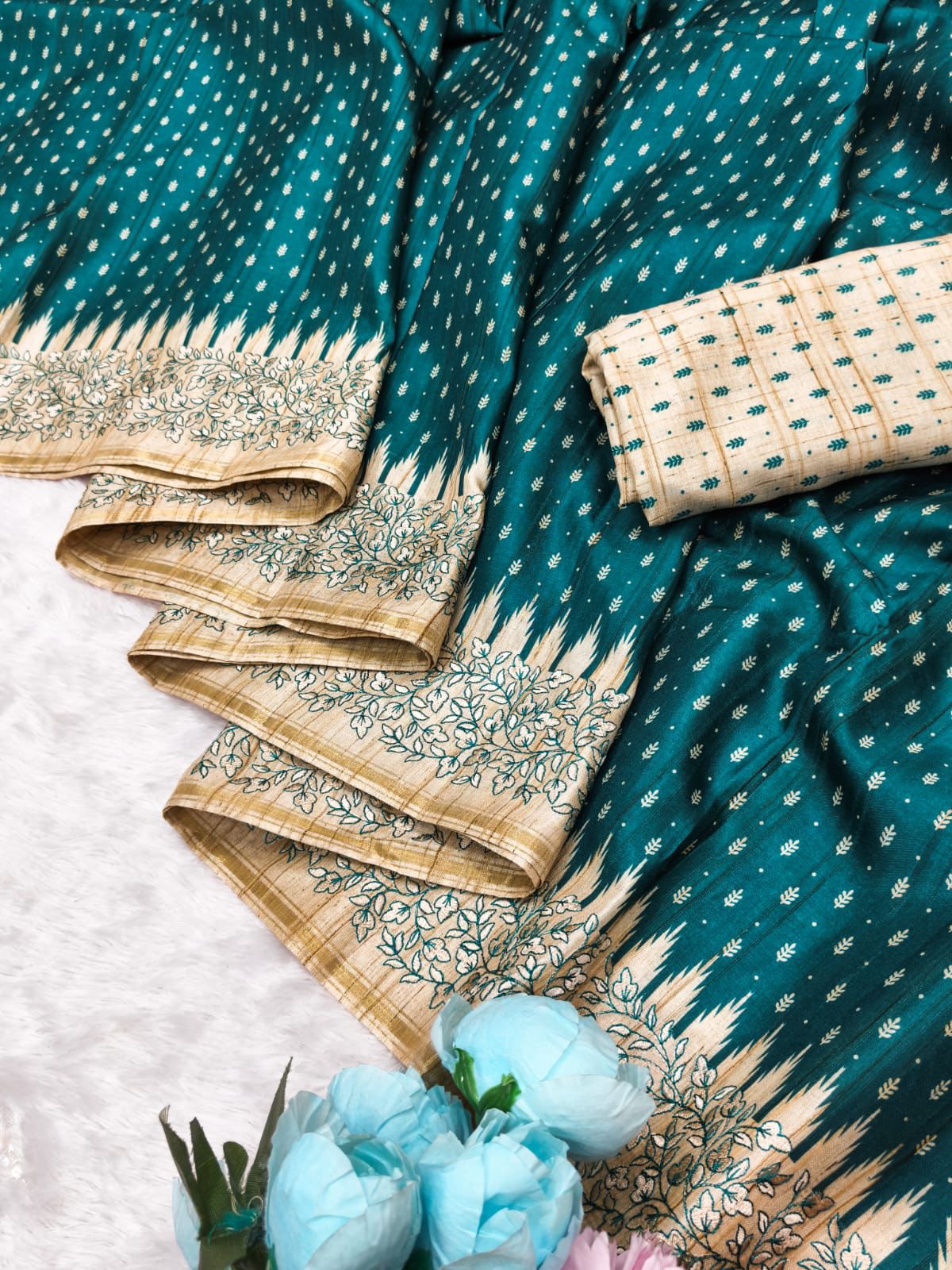 Excellent Rama Embroidery Work Tussar Silk Saree With Scrumptious Blouse Piece