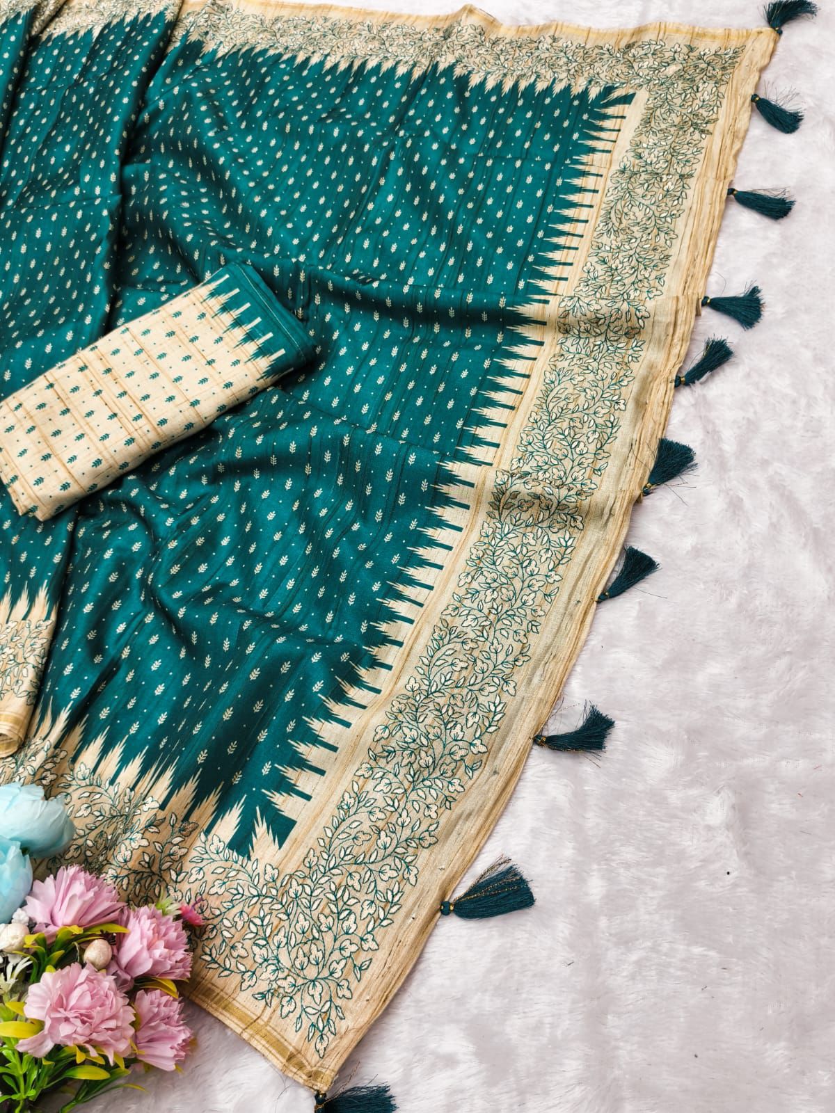 Excellent Rama Embroidery Work Tussar Silk Saree With Scrumptious Blouse Piece