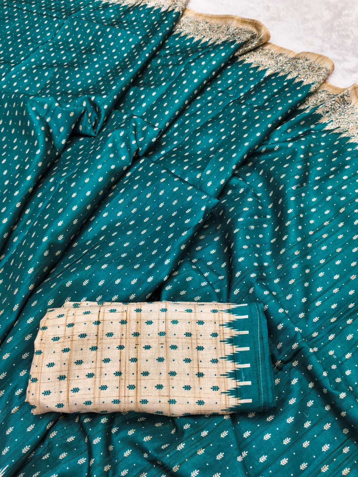 Excellent Rama Embroidery Work Tussar Silk Saree With Scrumptious Blouse Piece