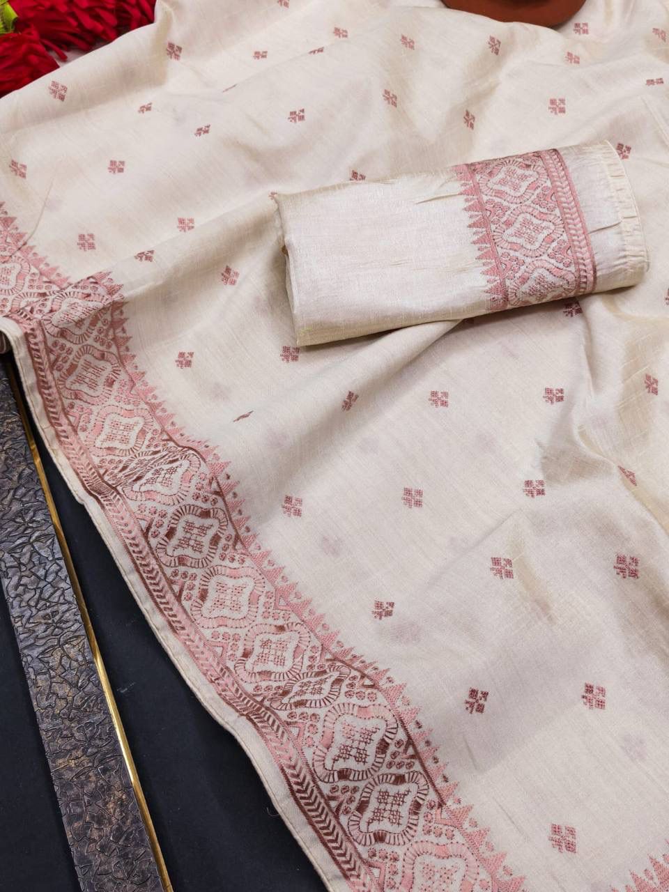 Gratifying Off White Embroidery Work Tussar Silk Saree With Sempiternal Blouse Piece