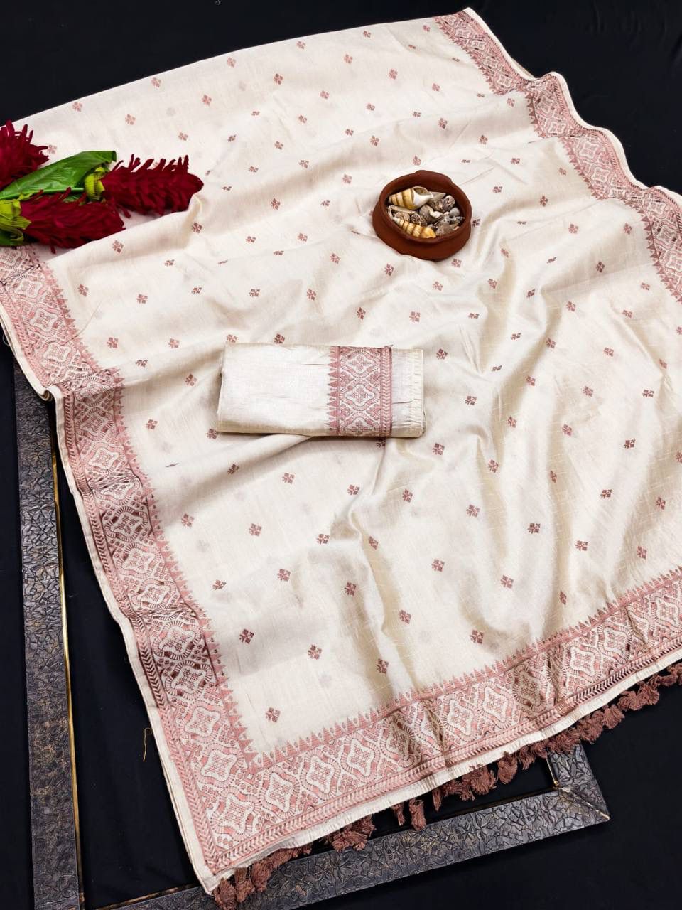 Gratifying Off White Embroidery Work Tussar Silk Saree With Sempiternal Blouse Piece