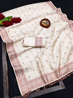 Gratifying Off White Embroidery Work Tussar Silk Saree With Sempiternal Blouse Piece