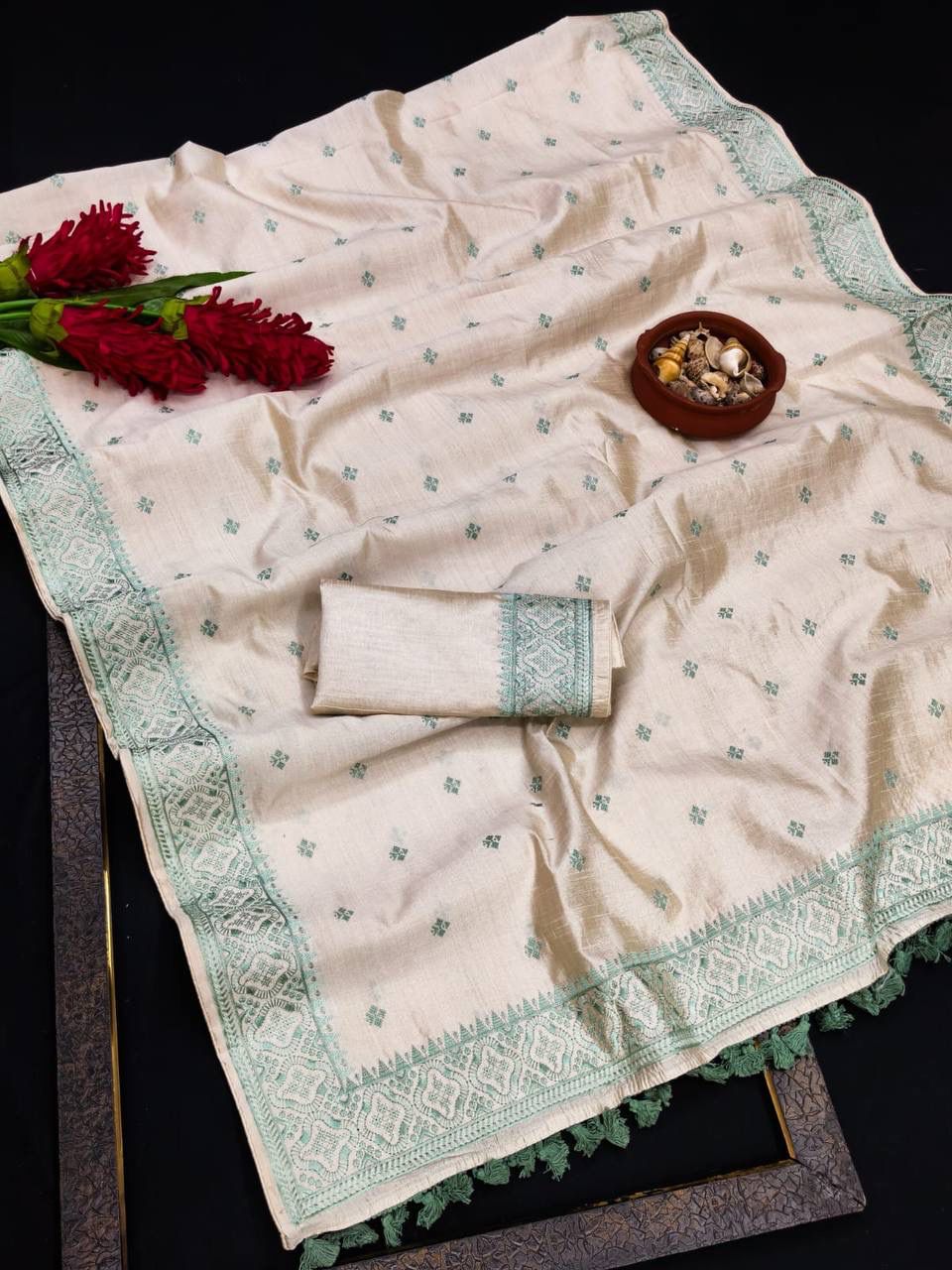 Enigmatic Off White Embroidery Work Tussar Silk Saree With Angelic Blouse Piece