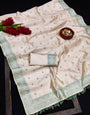Enigmatic Off White Embroidery Work Tussar Silk Saree With Angelic Blouse Piece