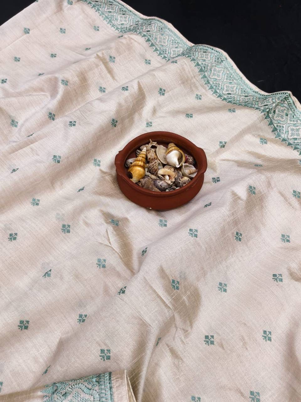 Enigmatic Off White Embroidery Work Tussar Silk Saree With Angelic Blouse Piece