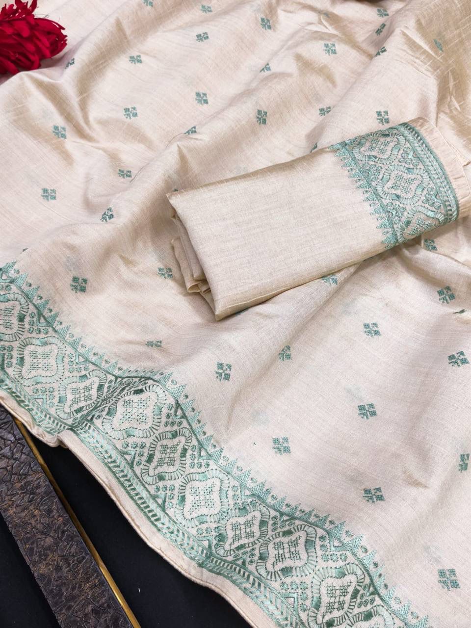 Enigmatic Off White Embroidery Work Tussar Silk Saree With Angelic Blouse Piece