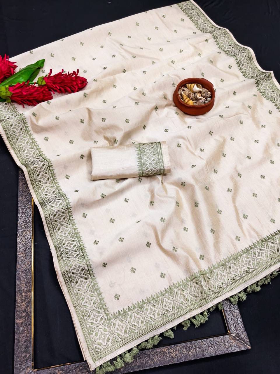 Skinny Off White Embroidery Work Tussar Silk Saree With Glittering Blouse Piece
