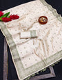 Skinny Off White Embroidery Work Tussar Silk Saree With Glittering Blouse Piece