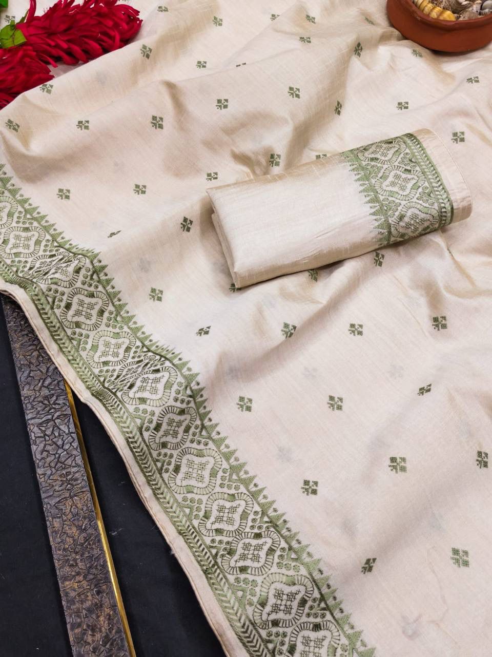 Skinny Off White Embroidery Work Tussar Silk Saree With Glittering Blouse Piece