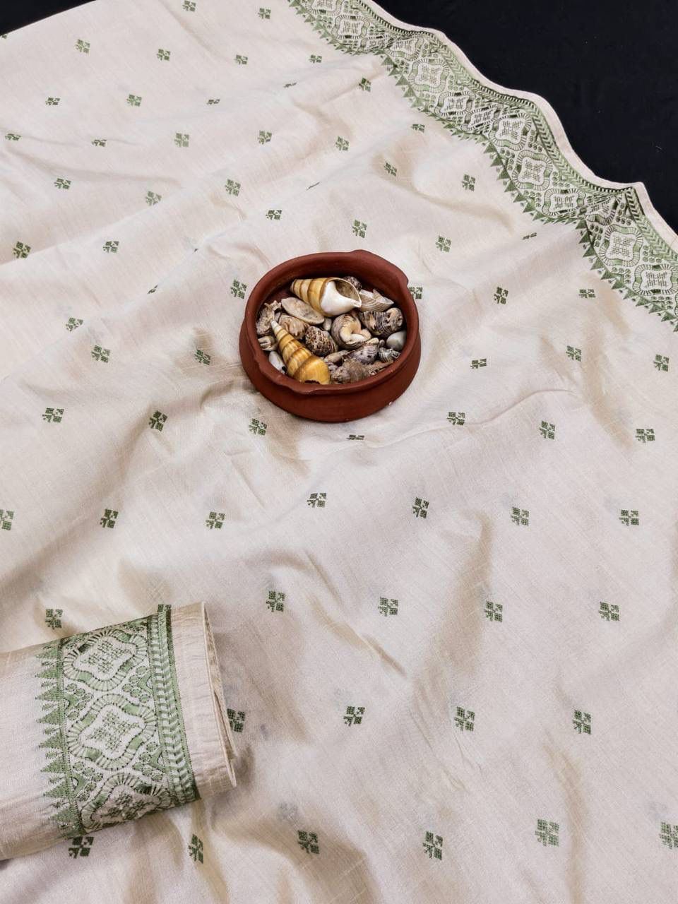 Skinny Off White Embroidery Work Tussar Silk Saree With Glittering Blouse Piece