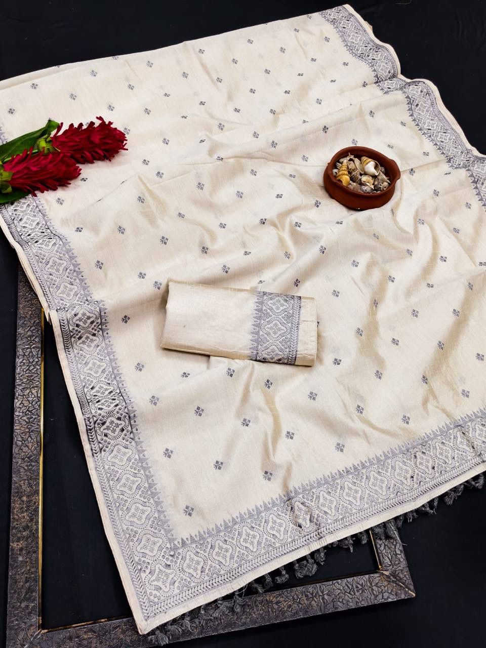 Quintessential Off White Embroidery Work Tussar Silk Saree With Phenomenal Blouse Piece