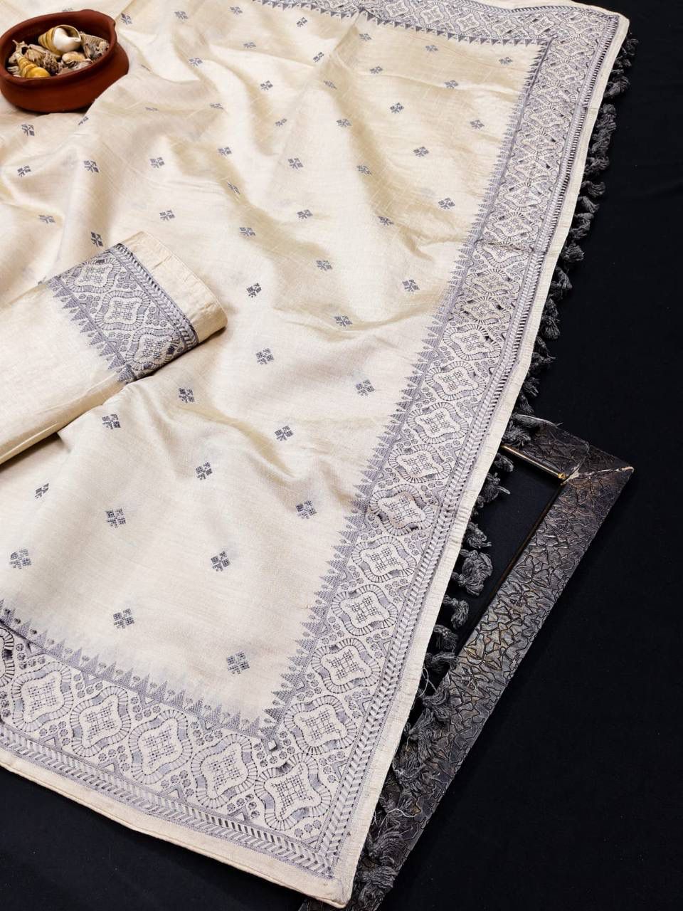 Quintessential Off White Embroidery Work Tussar Silk Saree With Phenomenal Blouse Piece