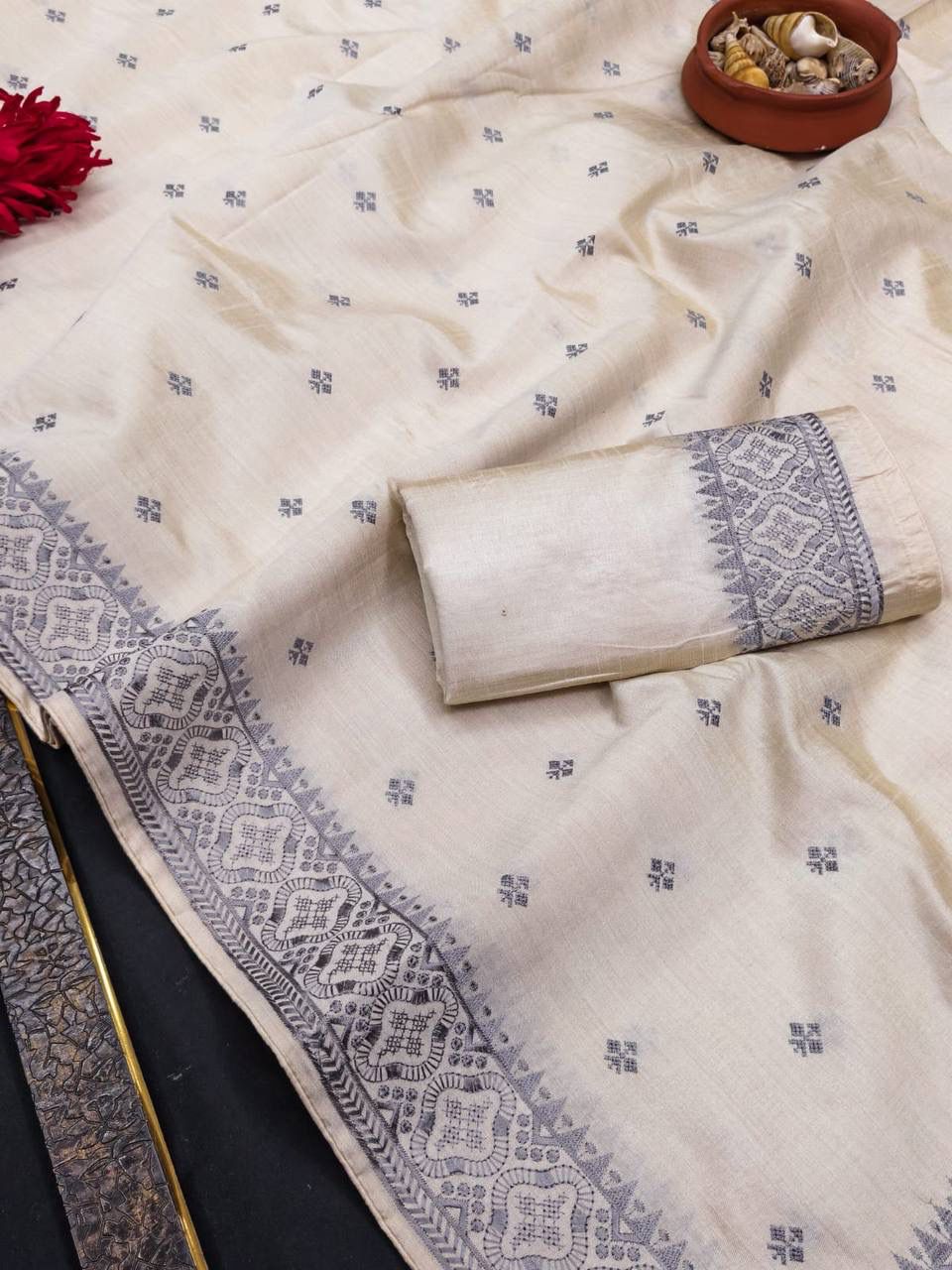 Quintessential Off White Embroidery Work Tussar Silk Saree With Phenomenal Blouse Piece