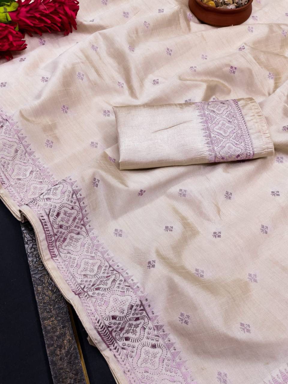 Classy Off White Embroidery Work Tussar Silk Saree With Susurrous Blouse Piece