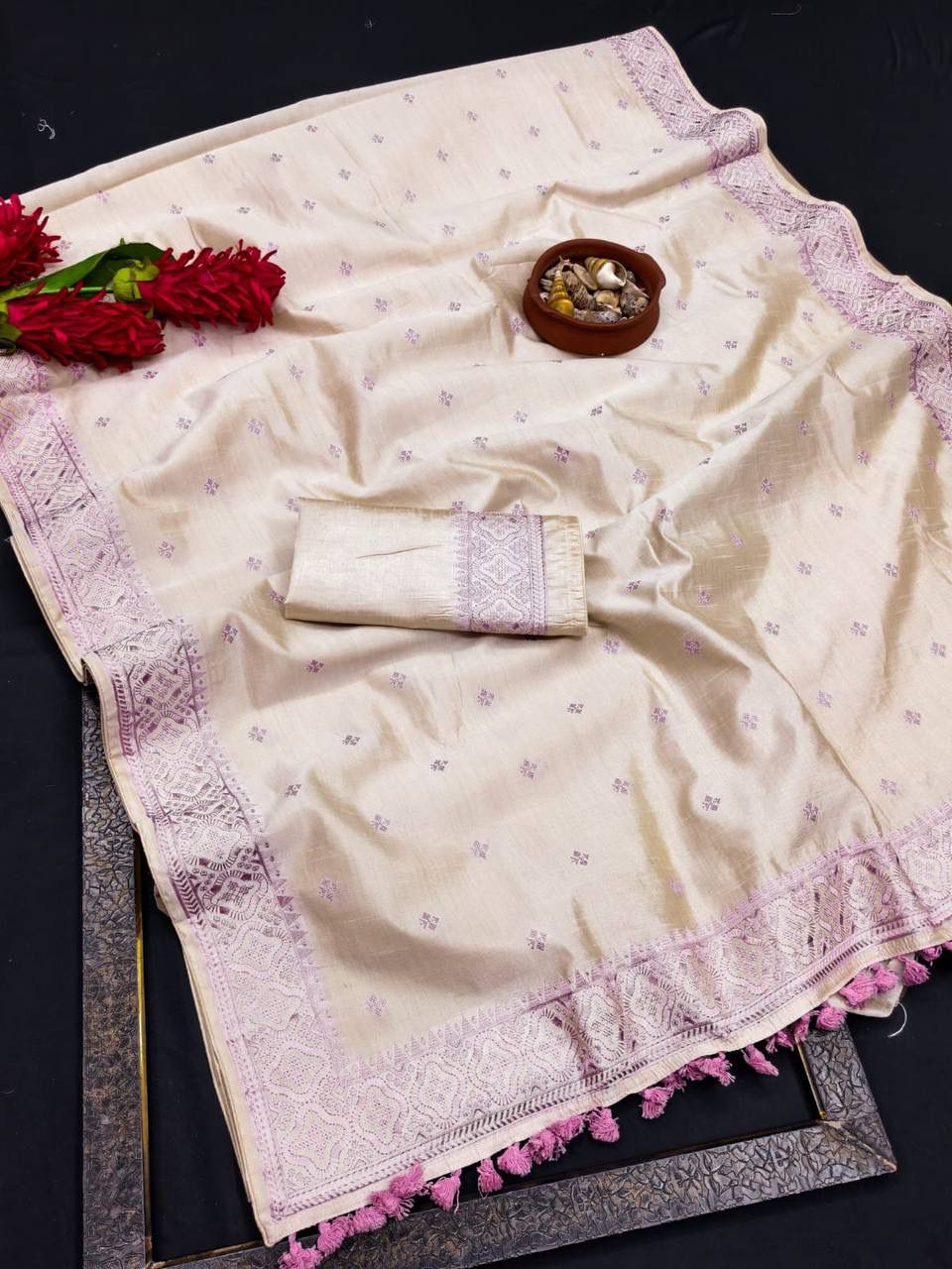 Classy Off White Embroidery Work Tussar Silk Saree With Susurrous Blouse Piece