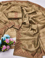 Appealing Beige Embroidery Work Tussar Silk Saree With Lustrous Blouse Piece