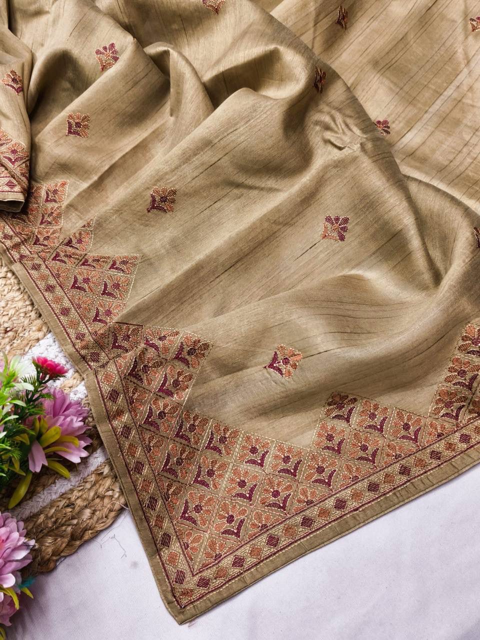Appealing Beige Embroidery Work Tussar Silk Saree With Lustrous Blouse Piece