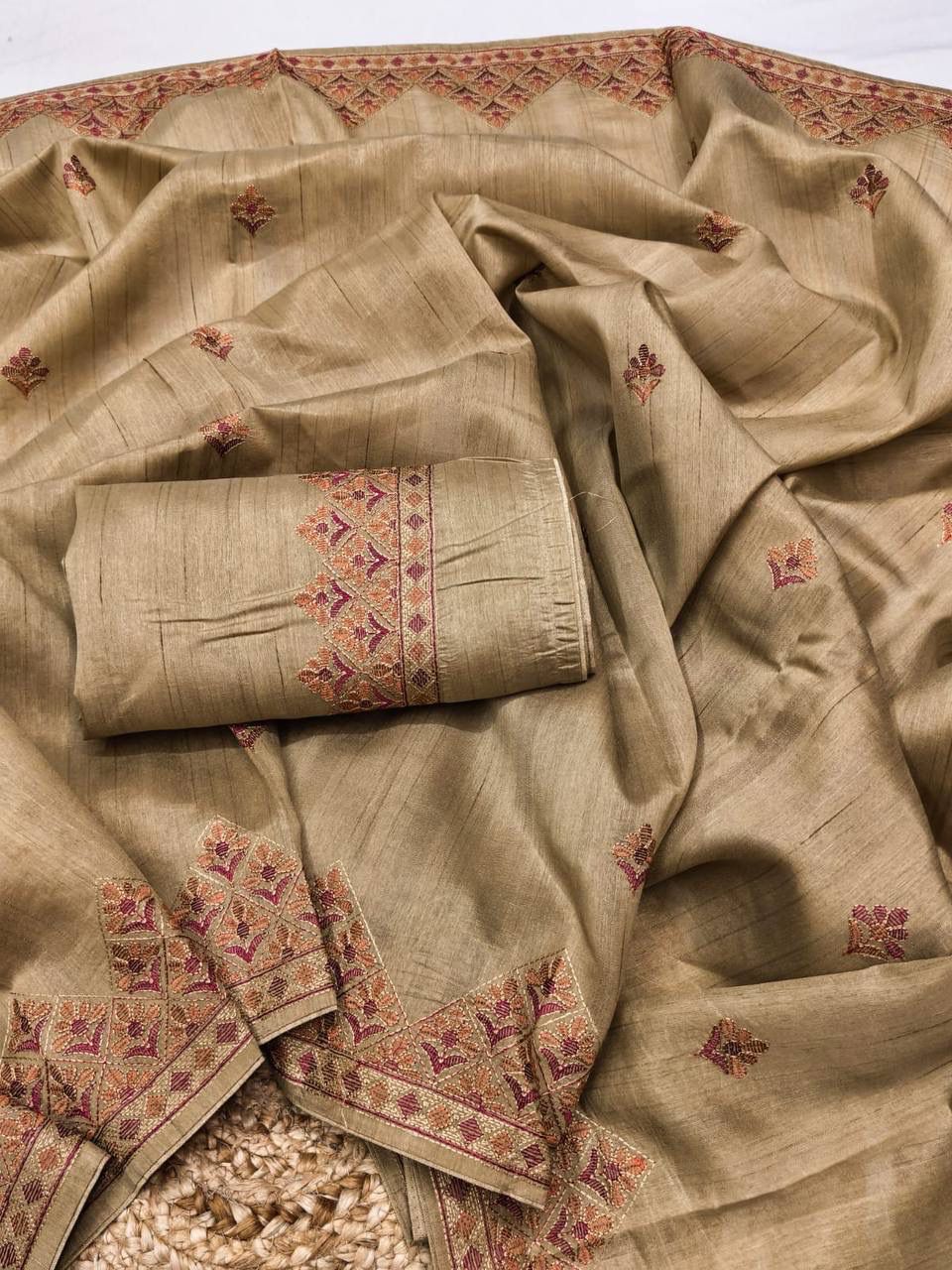 Appealing Beige Embroidery Work Tussar Silk Saree With Lustrous Blouse Piece