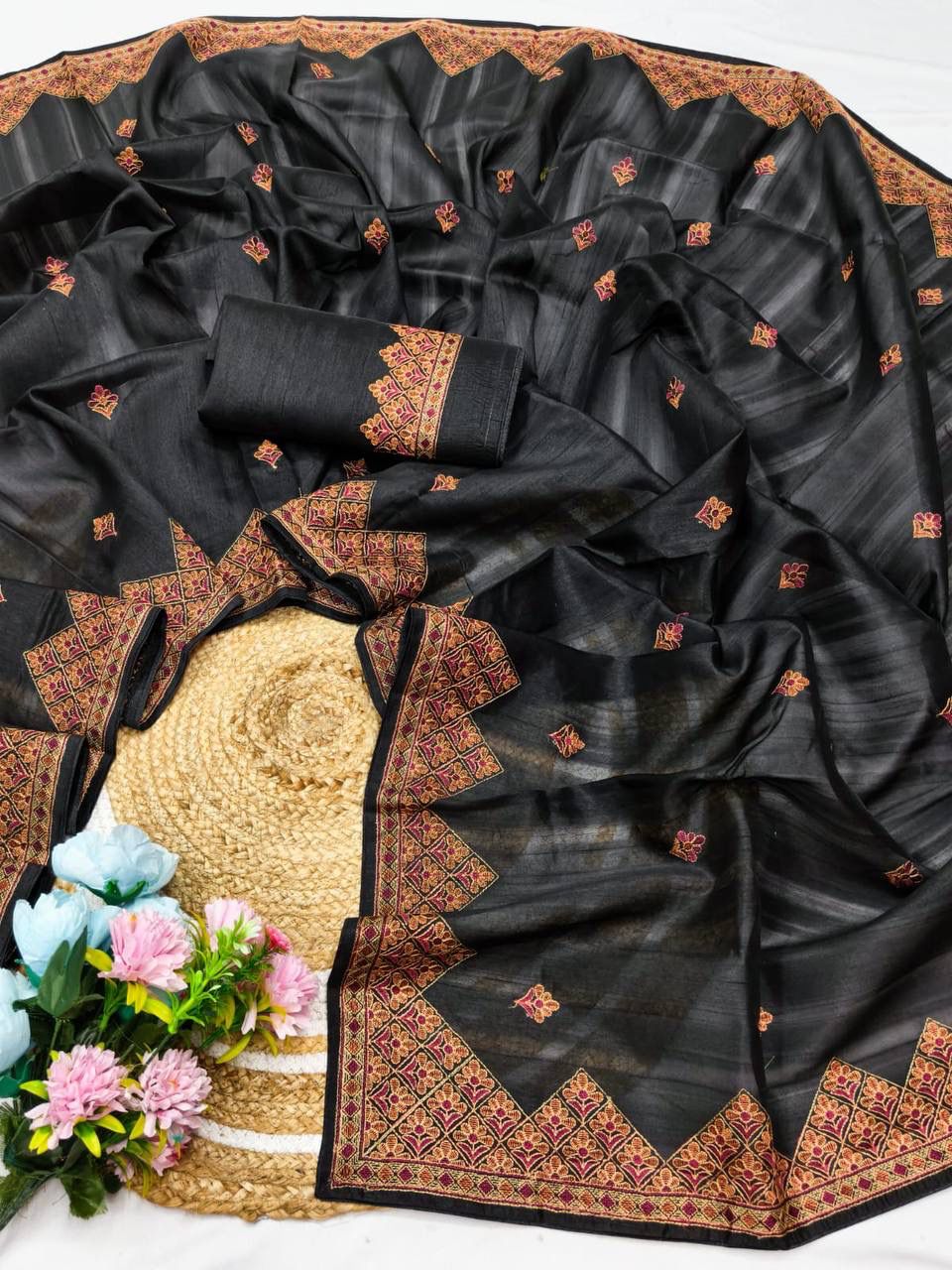 Lissome Black Embroidery Work Tussar Silk Saree With Lagniappe Blouse Piece