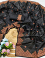 Lissome Black Embroidery Work Tussar Silk Saree With Lagniappe Blouse Piece