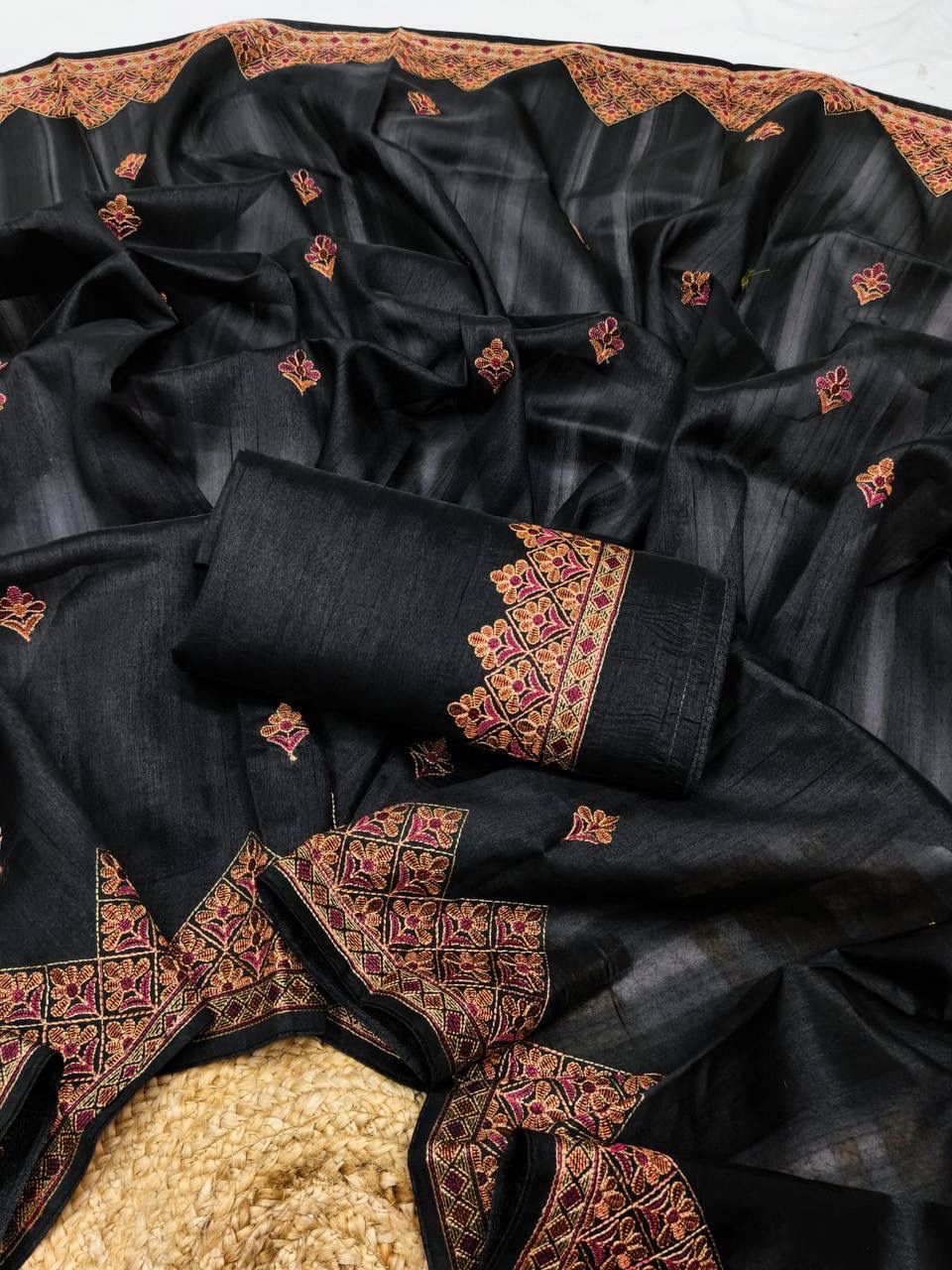 Lissome Black Embroidery Work Tussar Silk Saree With Lagniappe Blouse Piece