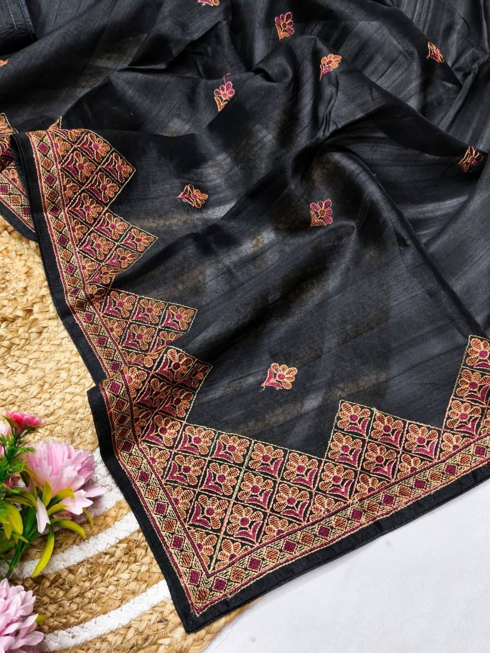 Lissome Black Embroidery Work Tussar Silk Saree With Lagniappe Blouse Piece
