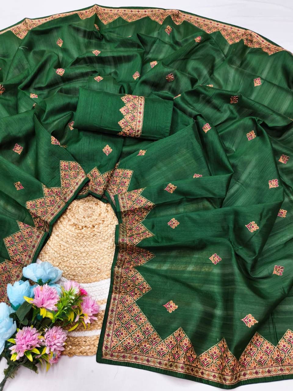 Most Stunning Dark Green Embroidery Work Tussar Silk Saree With Whimsical Blouse Piece