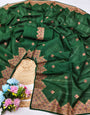 Most Stunning Dark Green Embroidery Work Tussar Silk Saree With Whimsical Blouse Piece